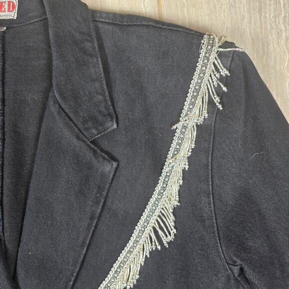 VTG Wanted Western Denim Jacket WIth Beaded Fringe Medium Black - Picture 4 of 10